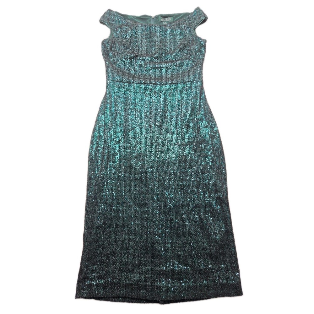 Lauren Ralph Lauren Maralyse Sequin Dress Size 0 Emerald Green Cocktail Sheath